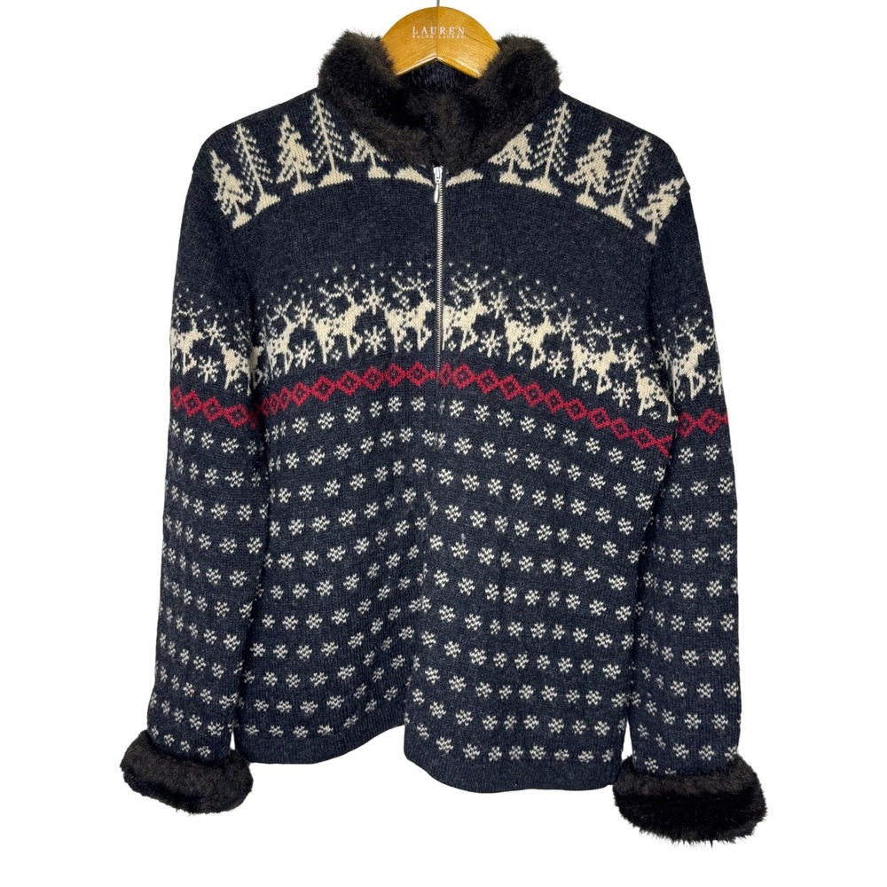 Vintage Skyr Wool Zip Front Sweater Faux Fur Trim Deer Print L/XL